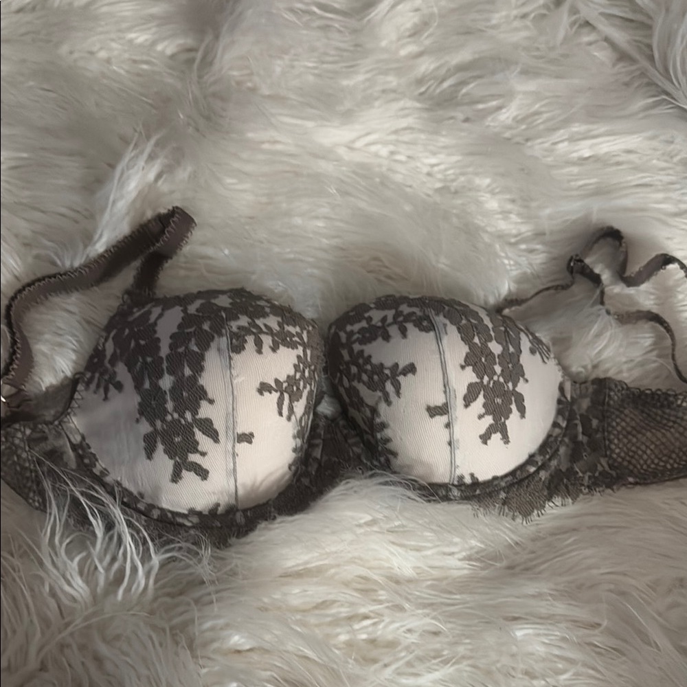 Victoria's Secret Tan and Brown Bra with Sheer Lace and Floral Pattern